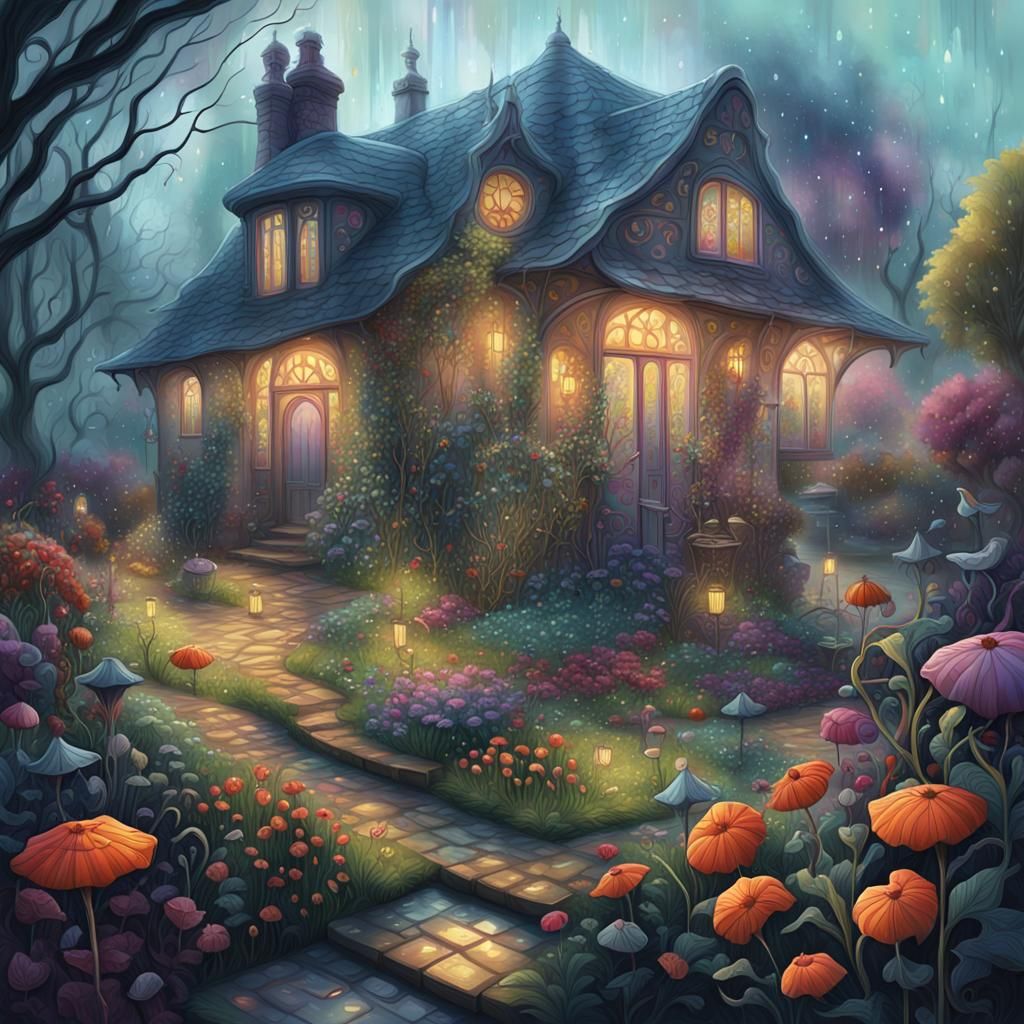 Mystical Cottage Garden in Dark Fantasy Art Nouveau