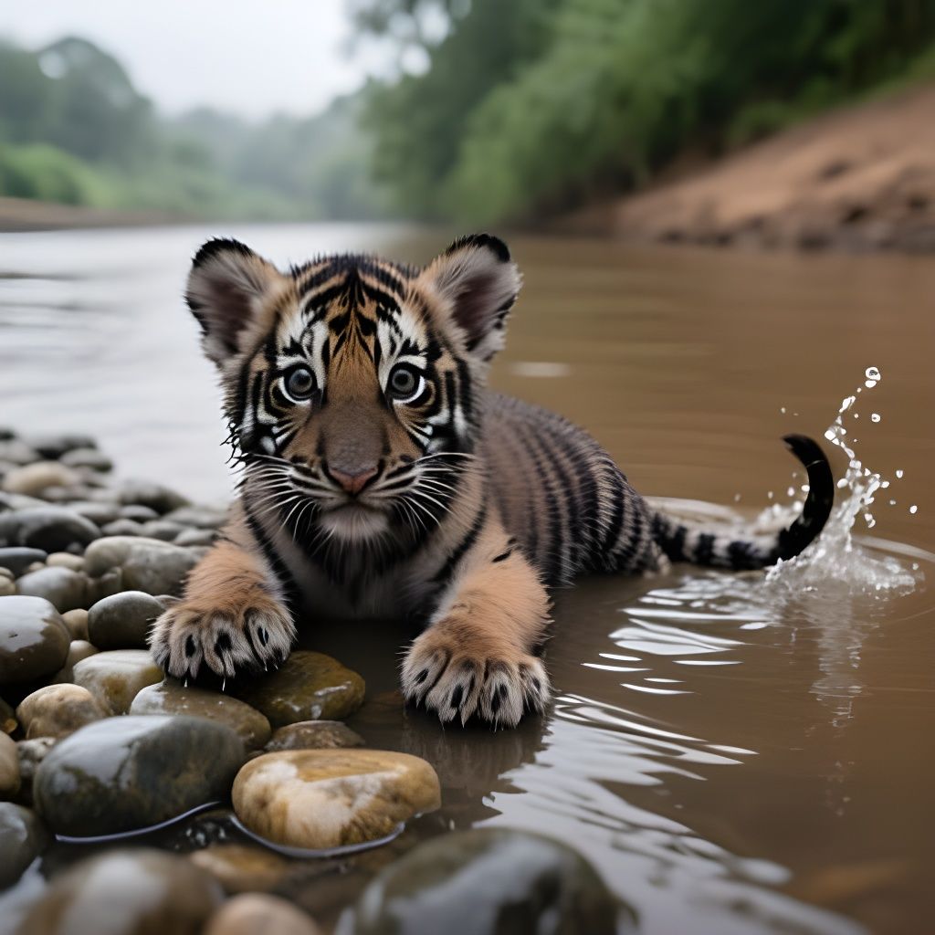 Hyperrealistic Tiger Cub on Wet River Stones