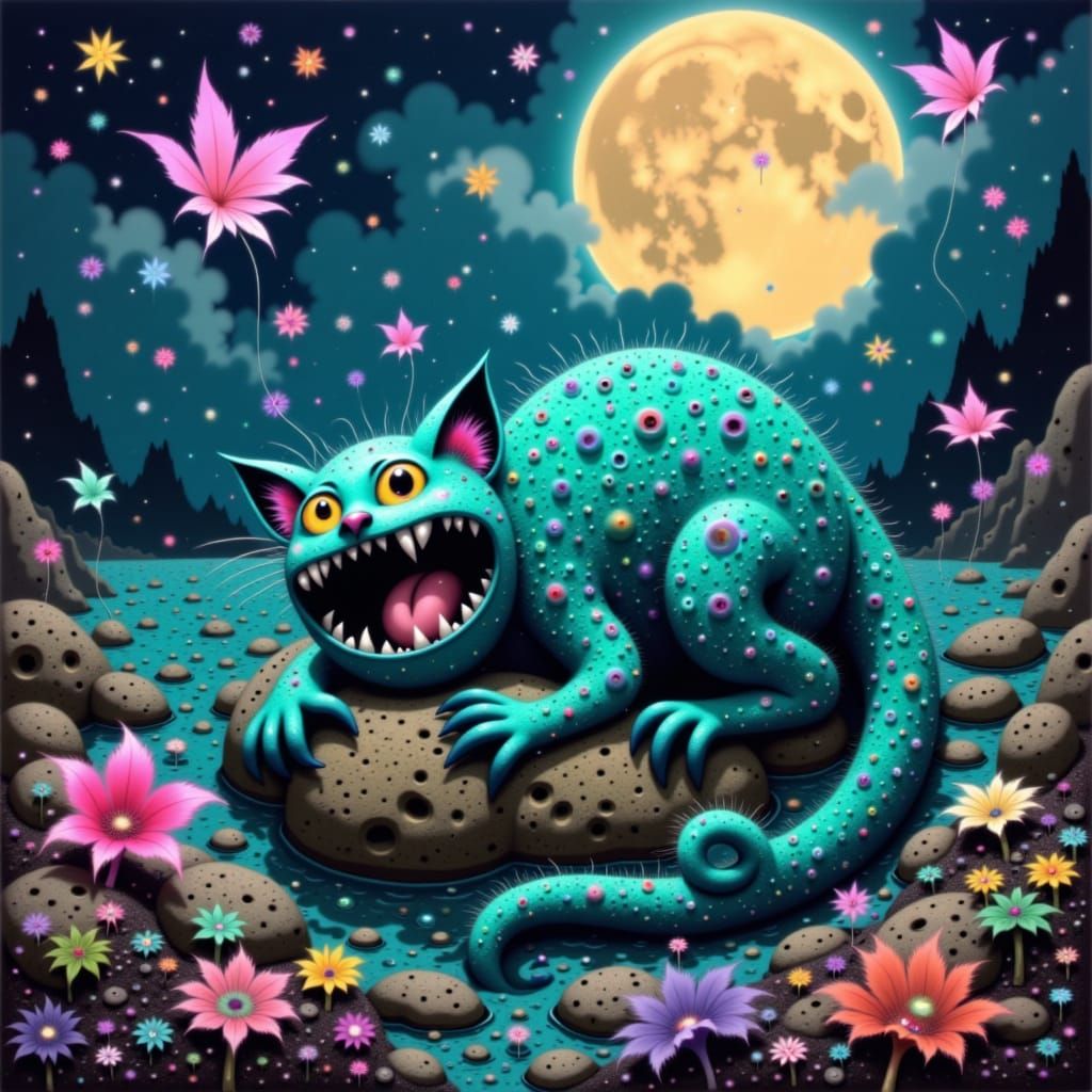 Whimsical Feline Lounging Under Moonlight