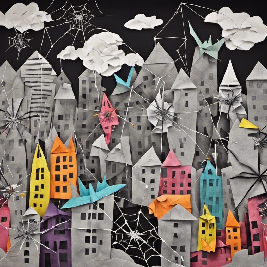 Giant  origami  Black spiders, spider   kaiju  creature   with antlers, black jackalope horns, spiders webs,  in an urba...