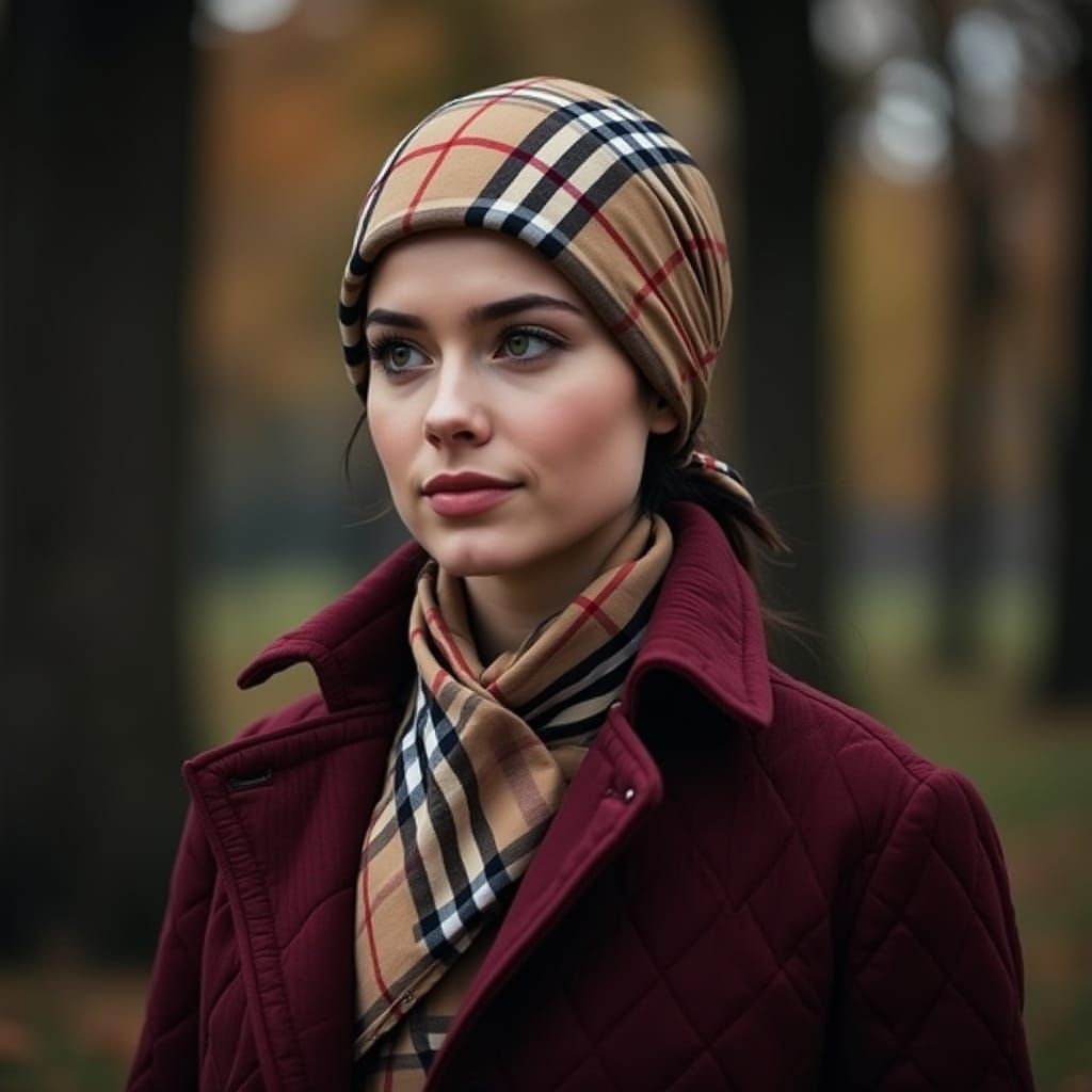 Elegant Woman in Burberry Scarf Autumn Portrait