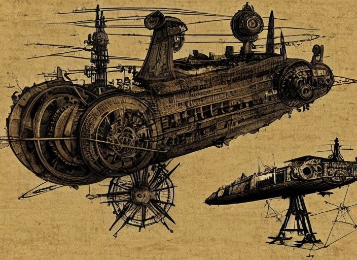 Steampunk Airship Technical Sketch in Renaissance Style