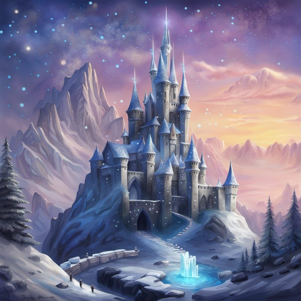 Glimmering Icy Castle in Snow-Capped Mountains