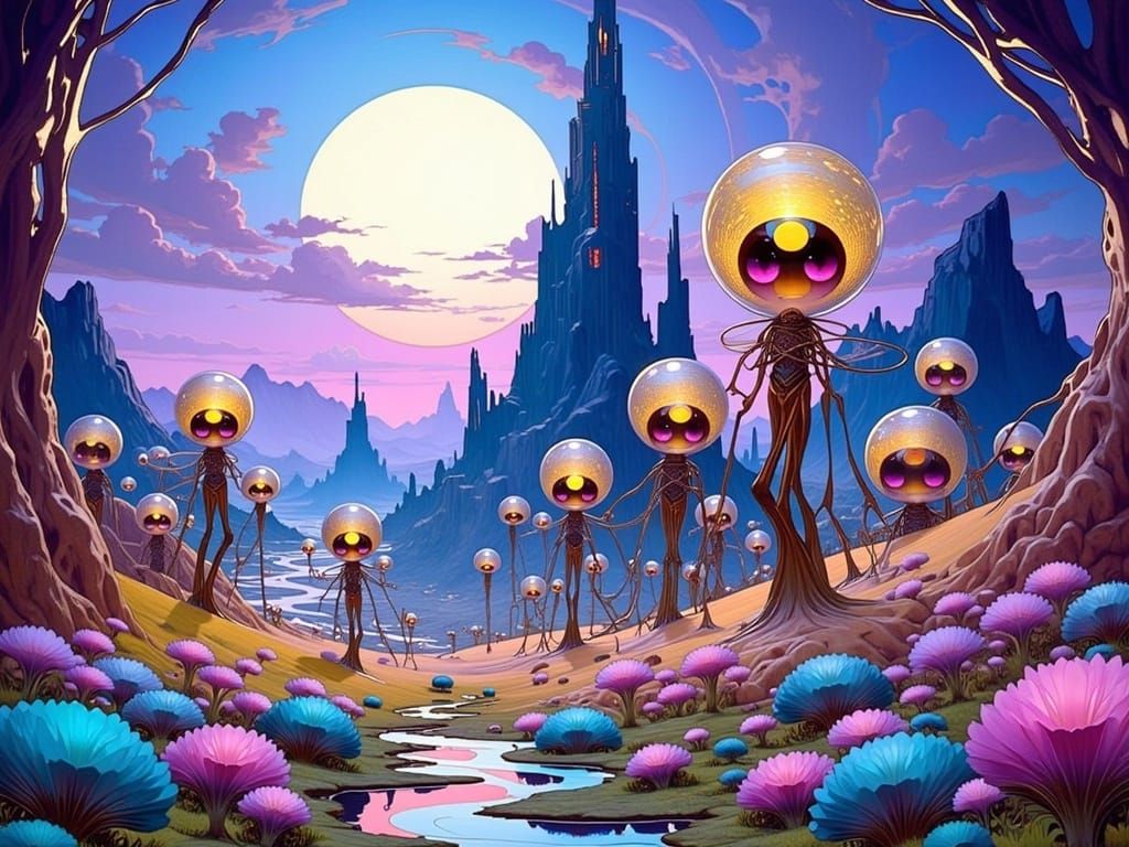 Surreal Futuristic Landscape with Iridescent Creatures in Ar...