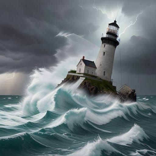 Lighthouse and Boat in Storm: Textured Impressionism