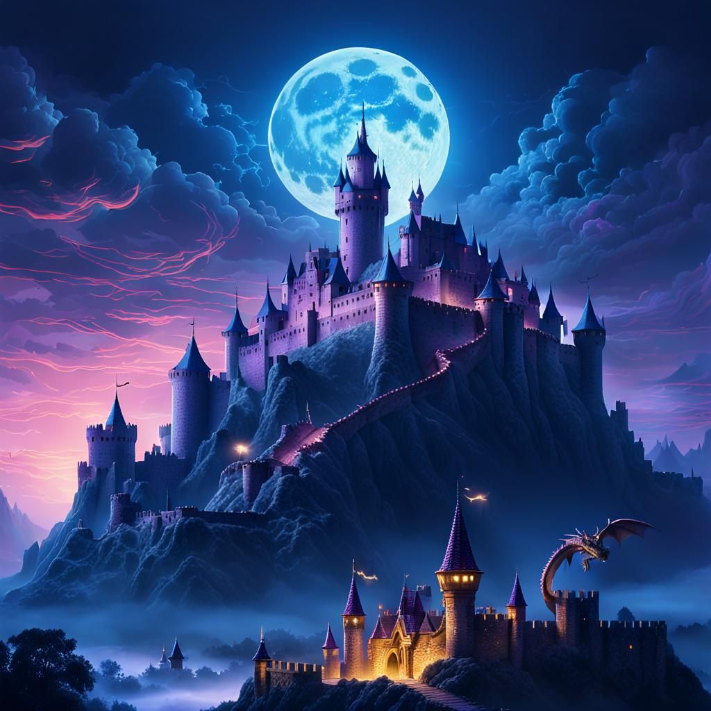 Majestic Dragon Soaring Over Medieval Castle at Night