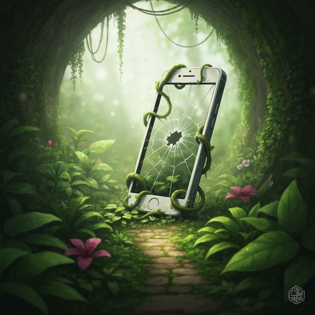Lush Garden Vines Emerging from Cracked Phone
