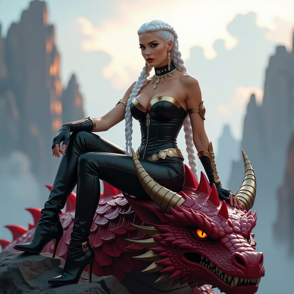 Warrior Queen on Dragon in Dystopian Futurism Style