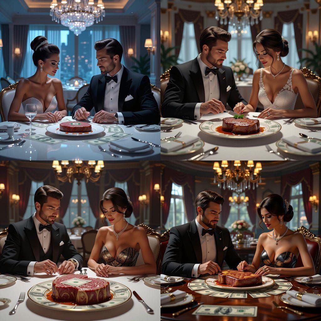 People Eating Steak Made of Money in 3D Cinematic Style