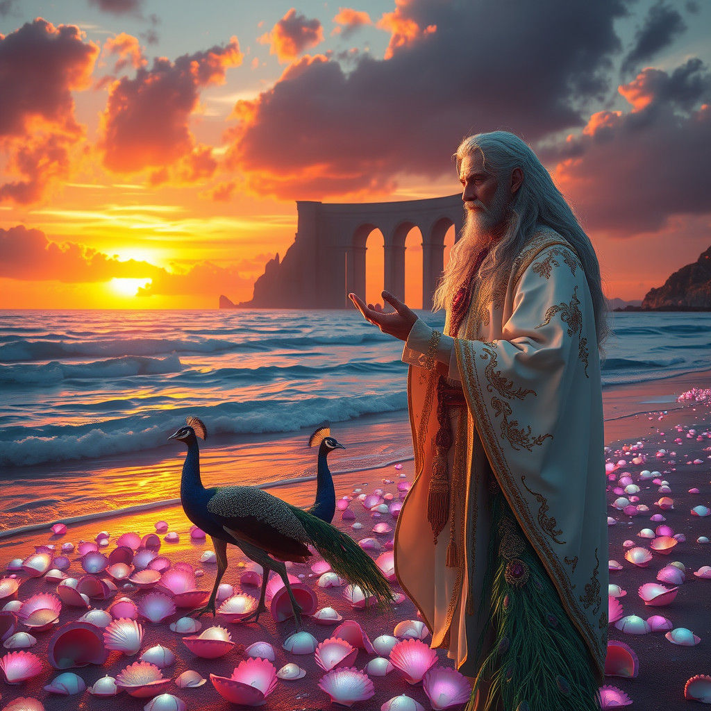 Majestic Man and Peacock at Bioluminescent Shore