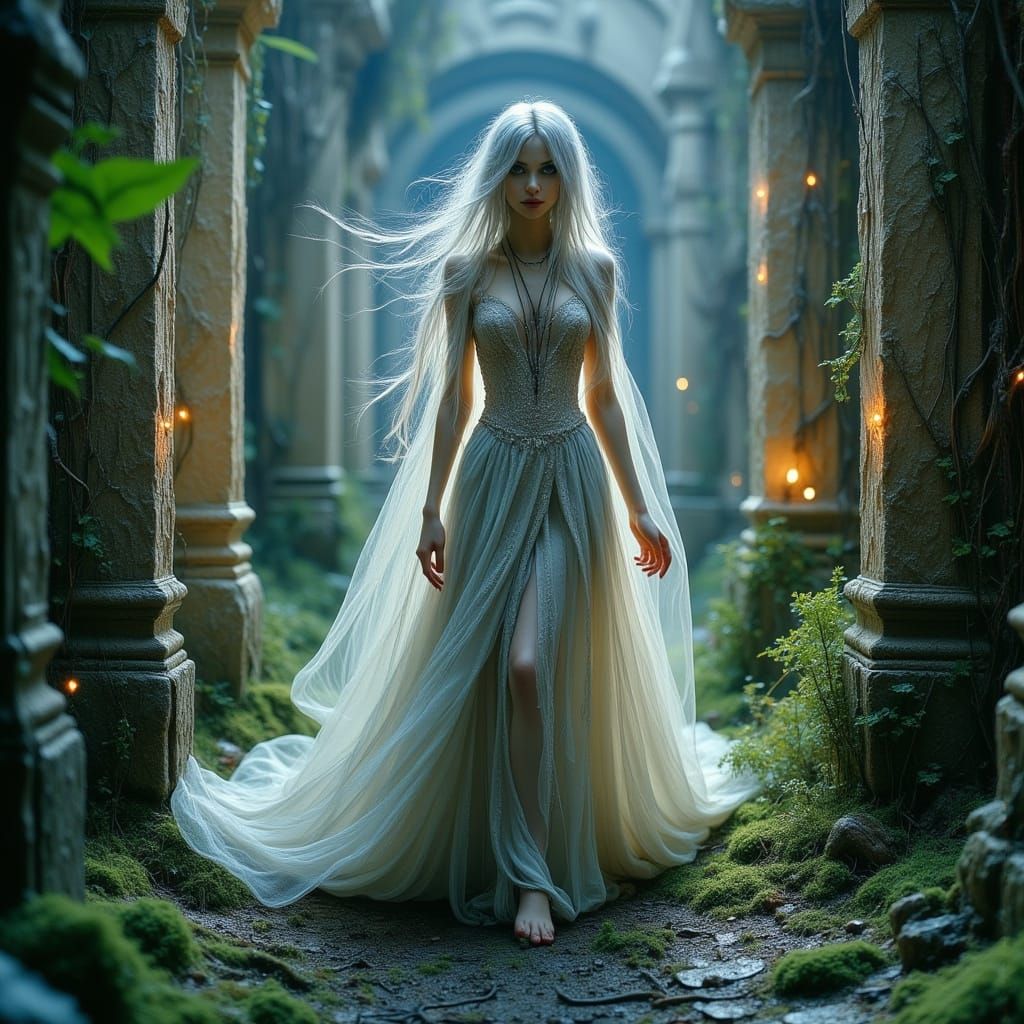 Ethereal Elf Dancer in Ancient Ruins