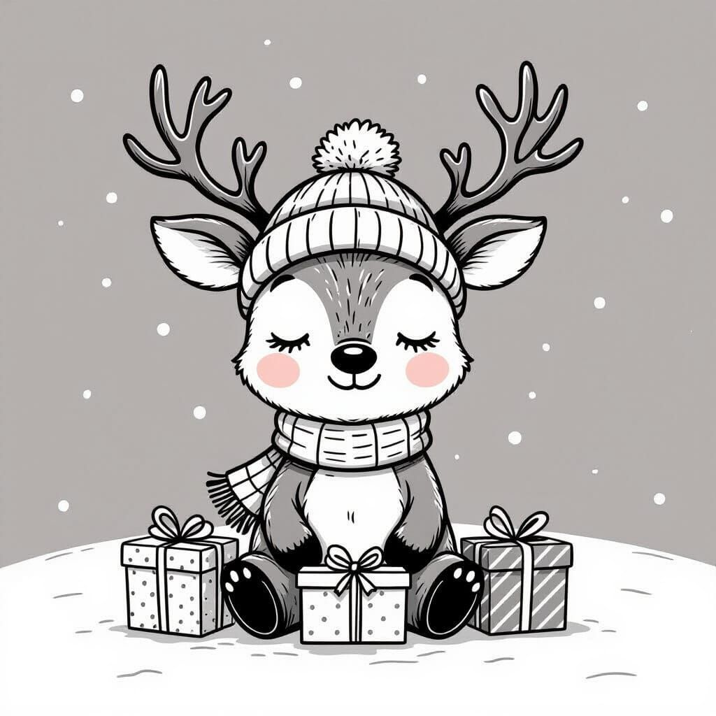 Cute Cartoon Reindeer with Gifts in Line Art Style
