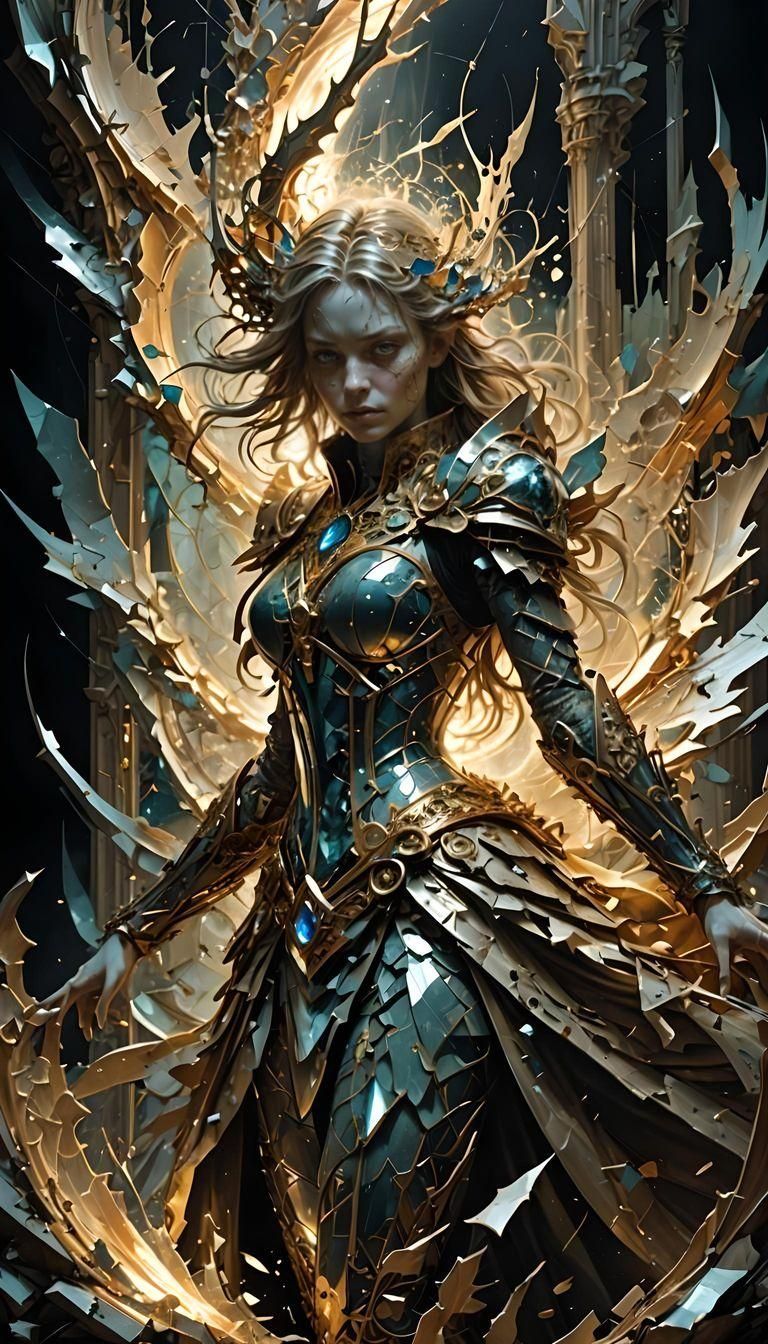 Shattered Metallic Art with Energy Bursts