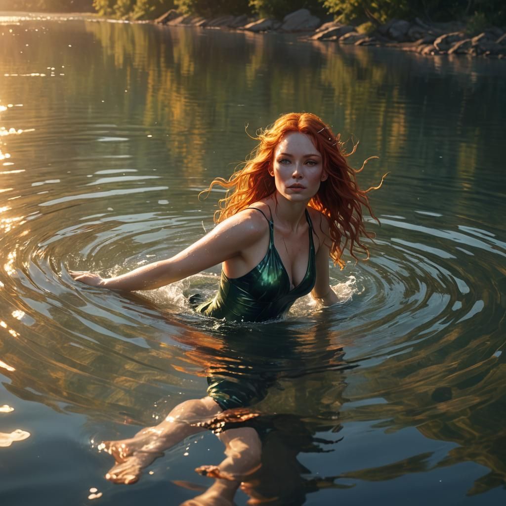 Redhead Girl Diving in Lake: Hyper-Realistic Digital Art