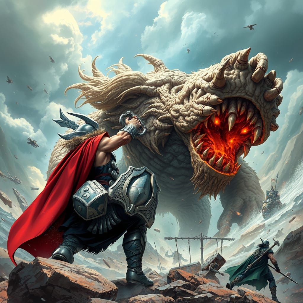 Asgardian God Fights Stormy Earth Monster