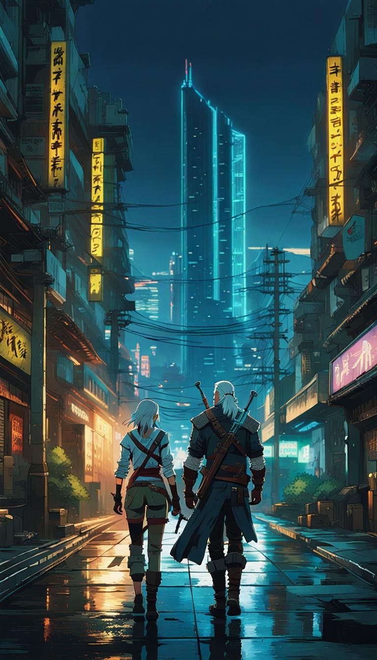 Geralt and Ciri in Cyberpunk Night City