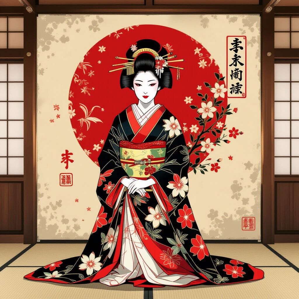 Flowerpunk Geisha in Traditional Japanese Artwork Style