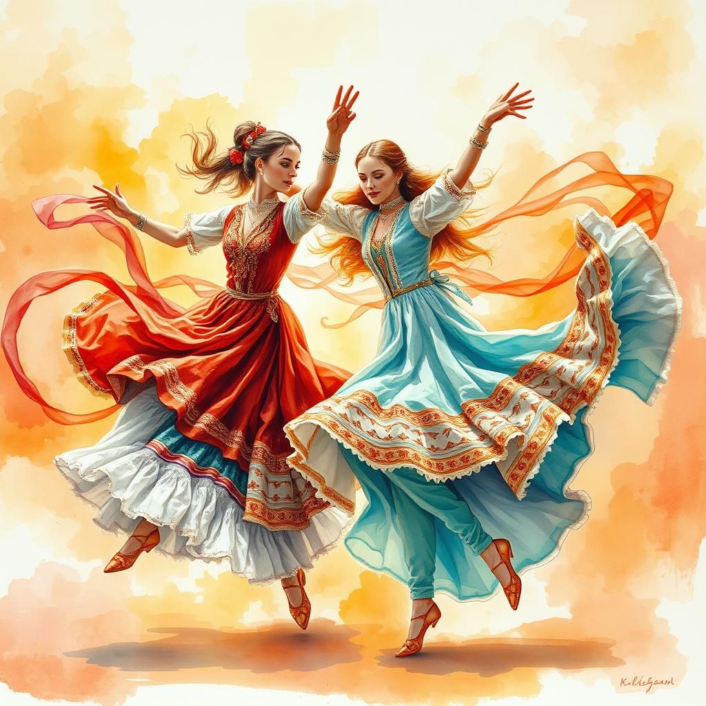 Bulgarian and Russian Dancers in Impressionistic Mixed Media