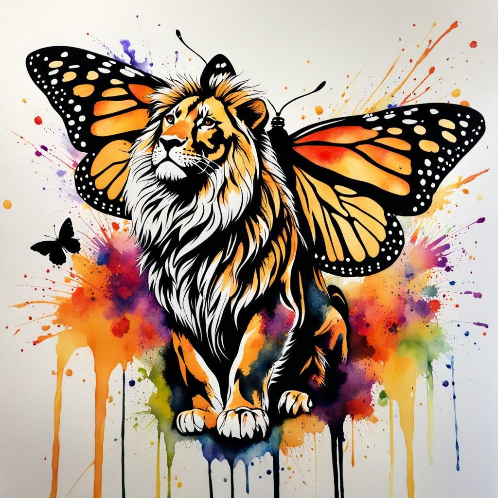 Lion with Monarch Butterfly Wings in Watercolor