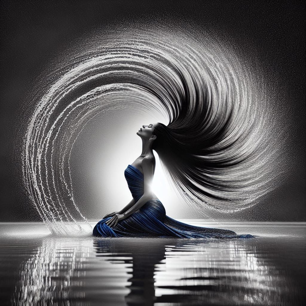 Monochromatic Woman Sweeping Hair in Crystalline Lake
