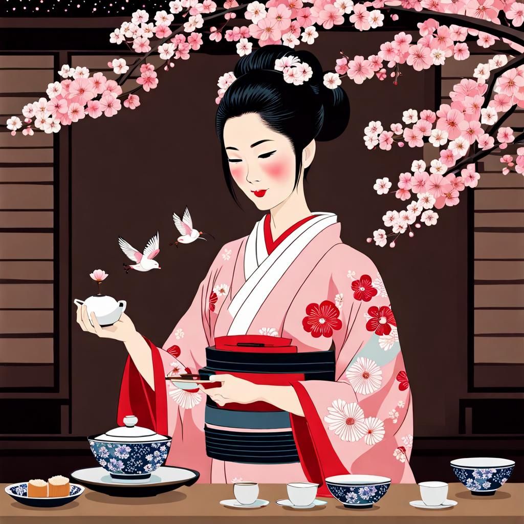 Japanese Woman in Kimono Preparing Tea Ceremony