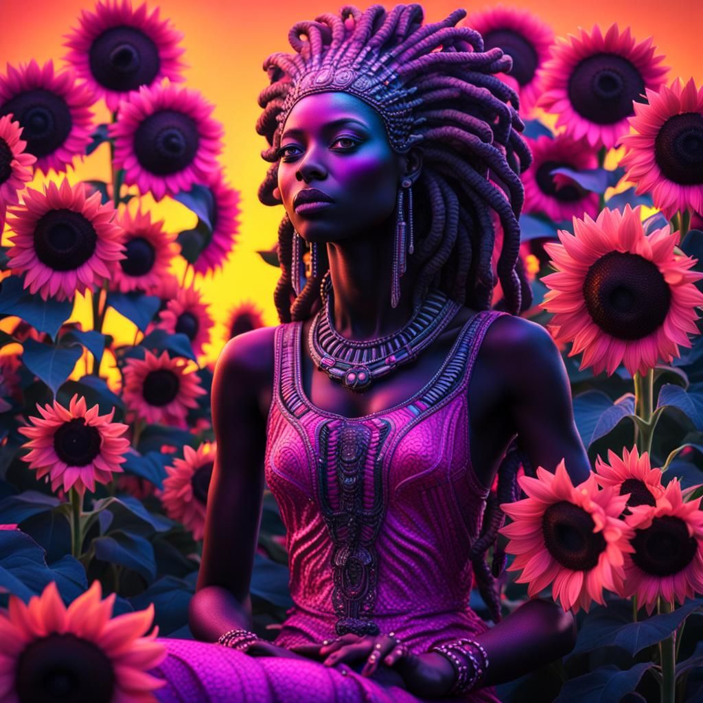 Melanin Goddess with Sunflowers in Giger Style
