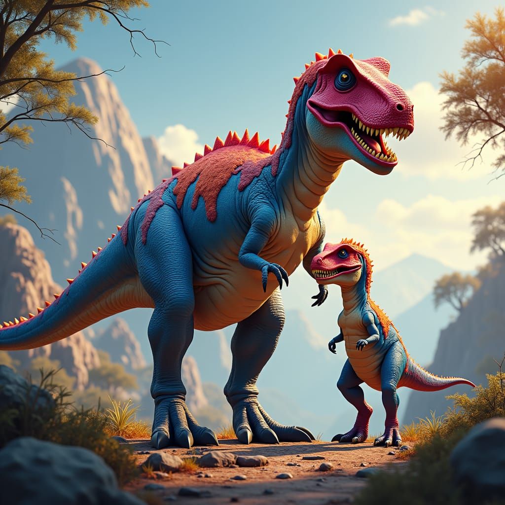 Father and Son T-Rex in Colorful Fantasy Landscape