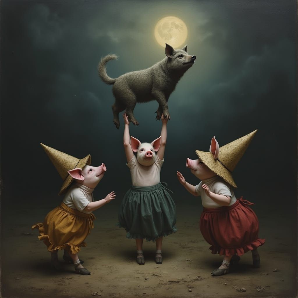 Pigs Levitate Wolf in Goya-esque Dark Fantasy Style