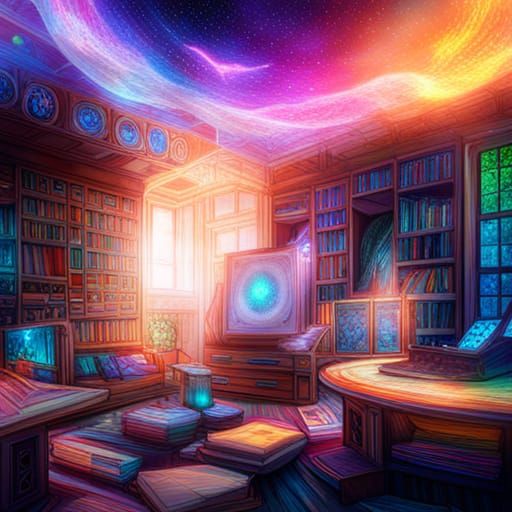 Ethereal Cosmic Library: Holographic Astral Illustration