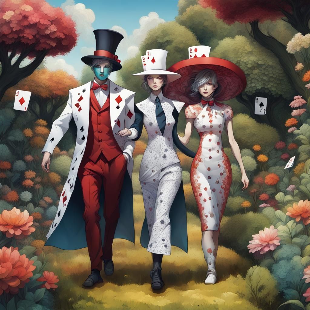 Whimsical Playing Card Characters in a Garden