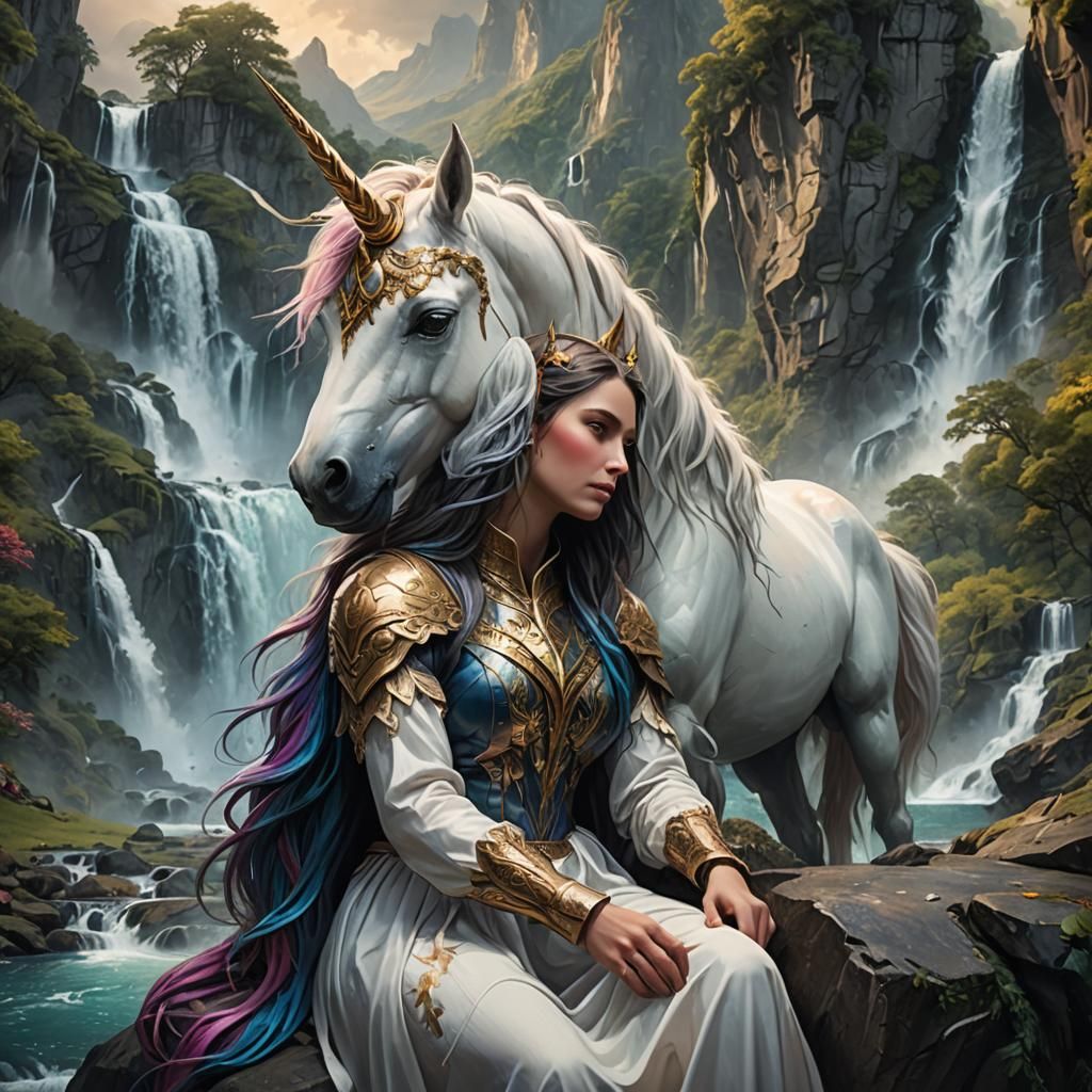 Fantasy Lady and Unicorn as Detailed Matte Painting
