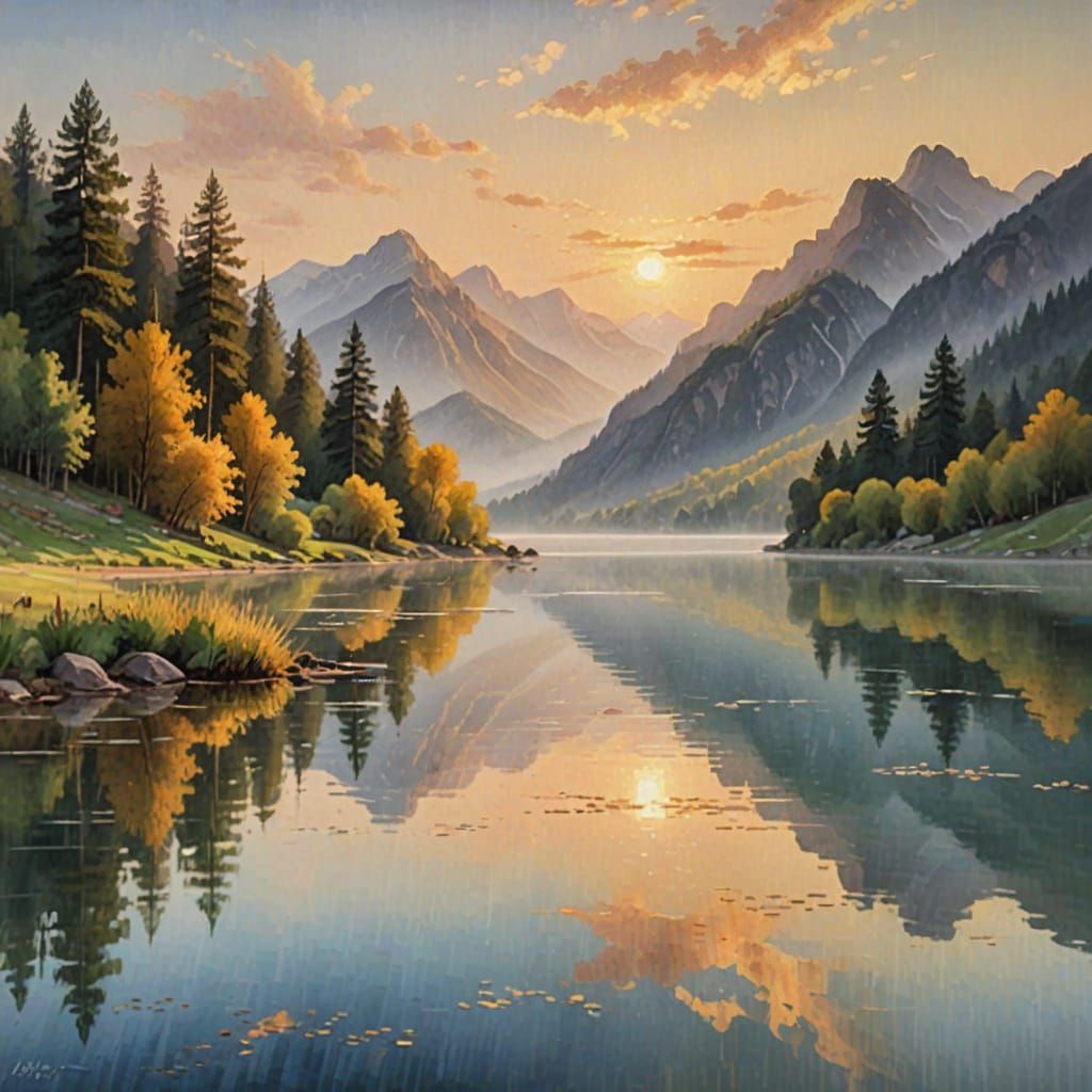 Impressionist Mountain Lake at Golden Hour