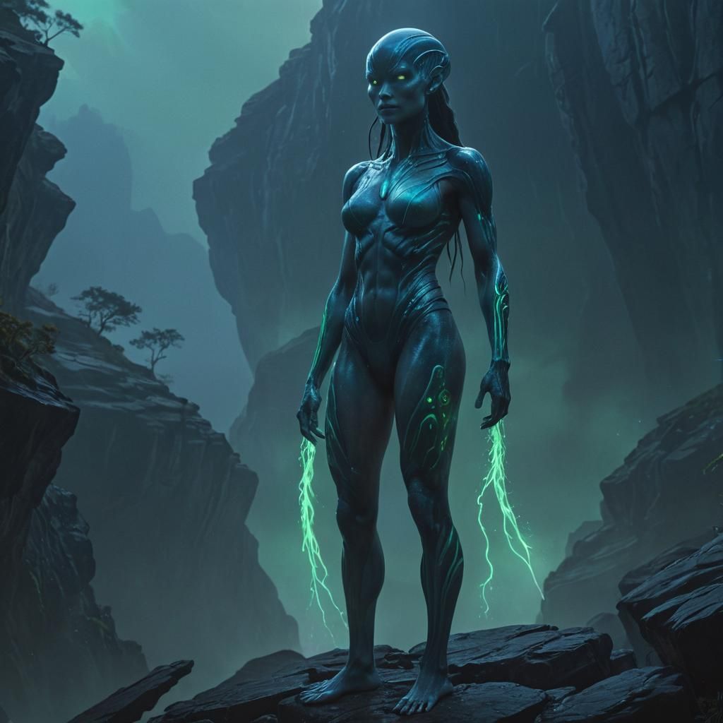 Alien Woman on Misty Cliff in Sci-Fi Style
