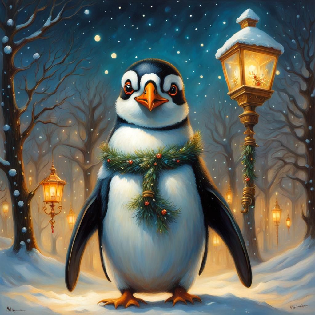 Penguin in Winter Wonderland, Dark Fantasy Style