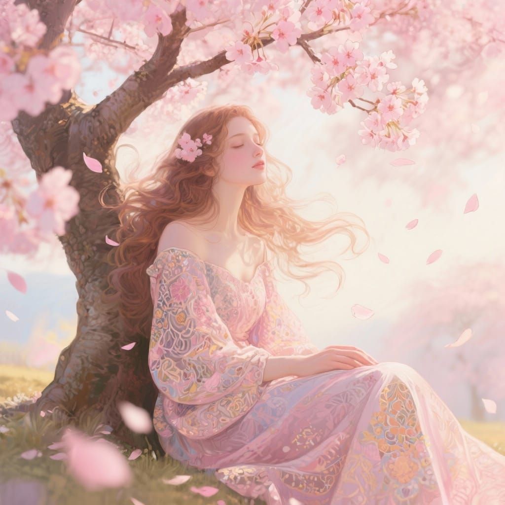 Woman Under Sakura Tree in Ethereal Painterly Style