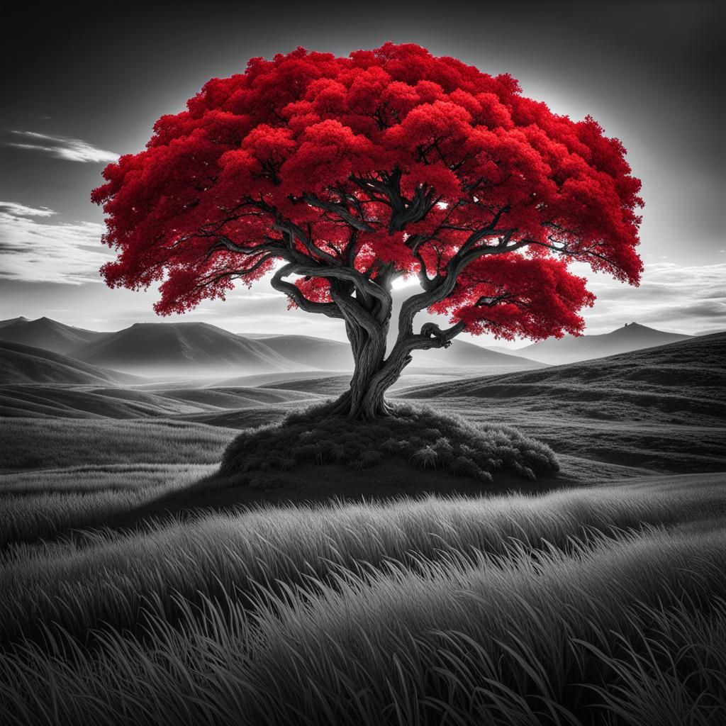 Monochromatic Landscape with Red Tree, Fine Art Photo