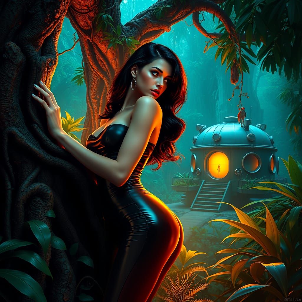 Sultry Sci-Fi Pinup Model Leans Against Ancient Tree Near Gl...