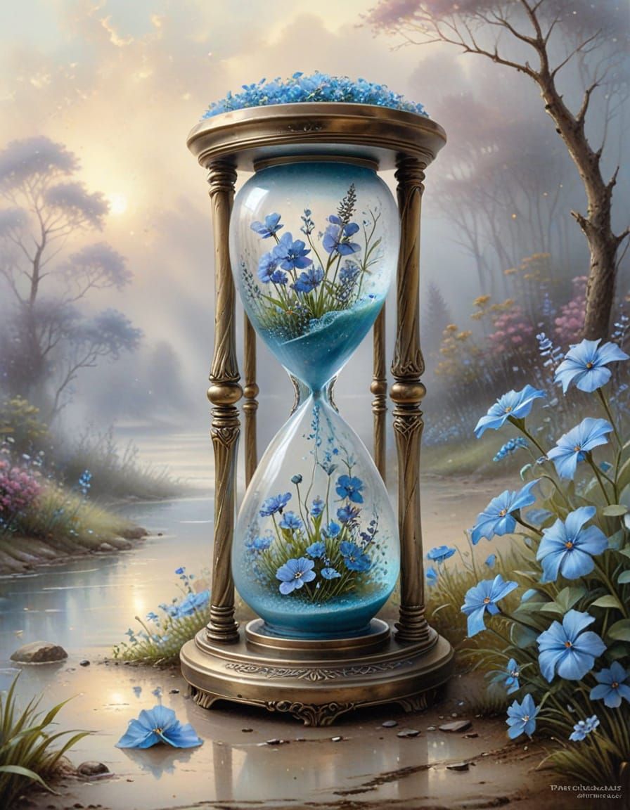 Antique Hourglass with Pale Blue Flowers in Watercolour
