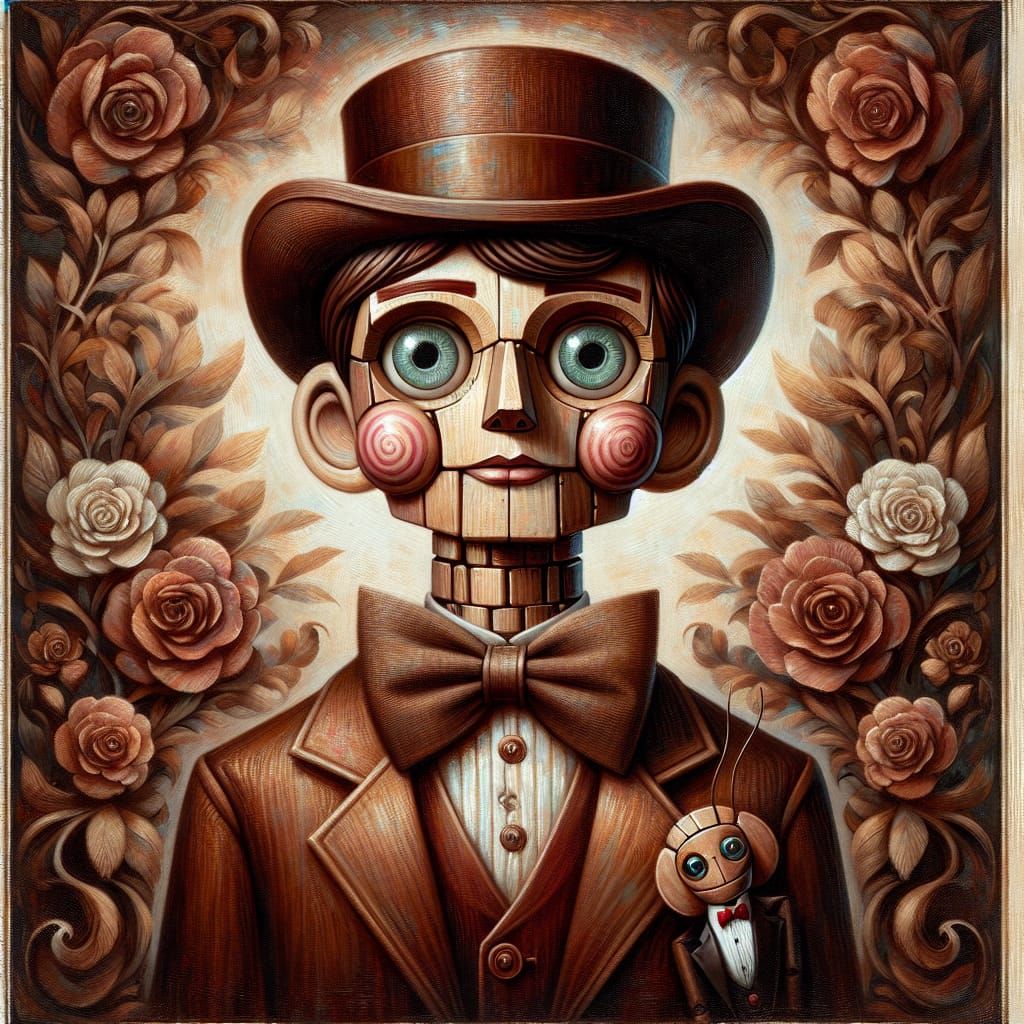 Steampunk Puppet Boy with Cricket in Impasto Gouache Style