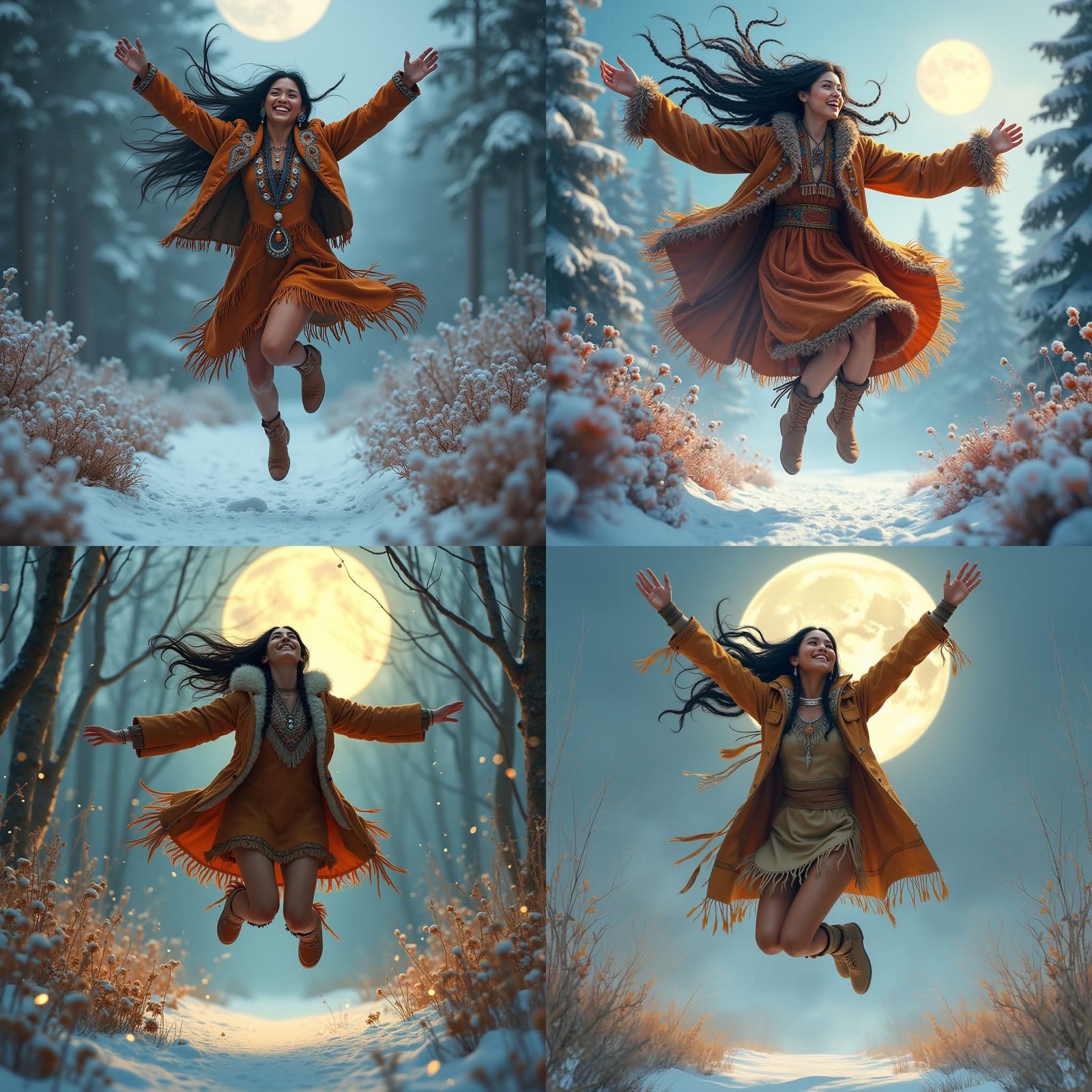 Native American Woman's Windy Winter Jump: Digital Art