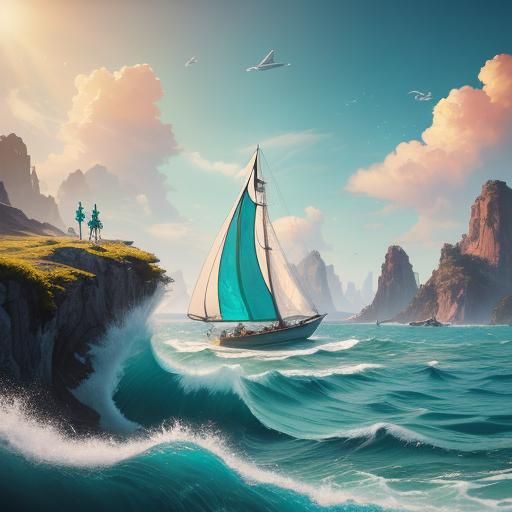 Iridescent Sea with Sailboat: Hyperrealistic Digital Art