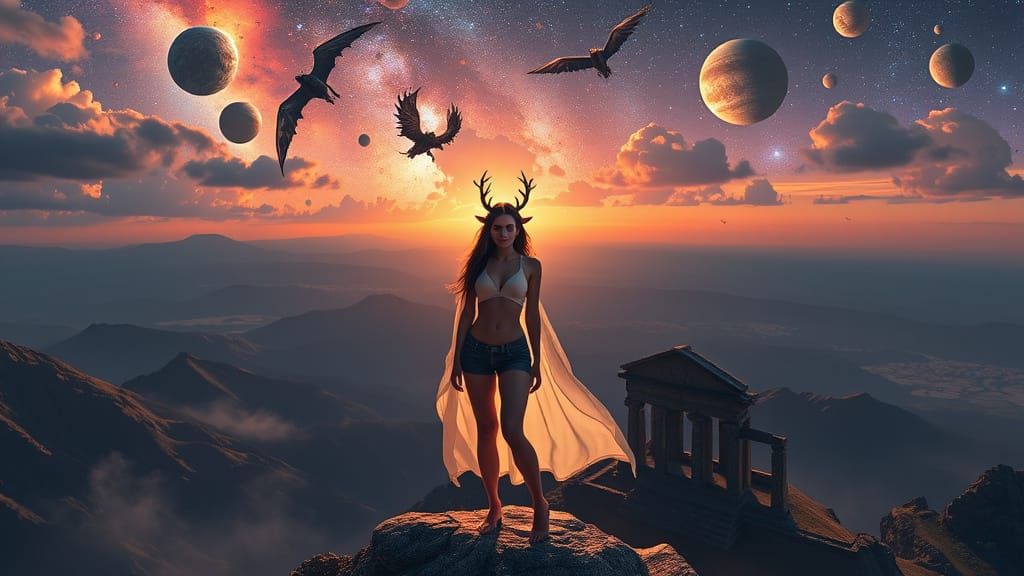 Tiefling Maiden Victorious on Mountain Peak Amidst Cosmic Su...