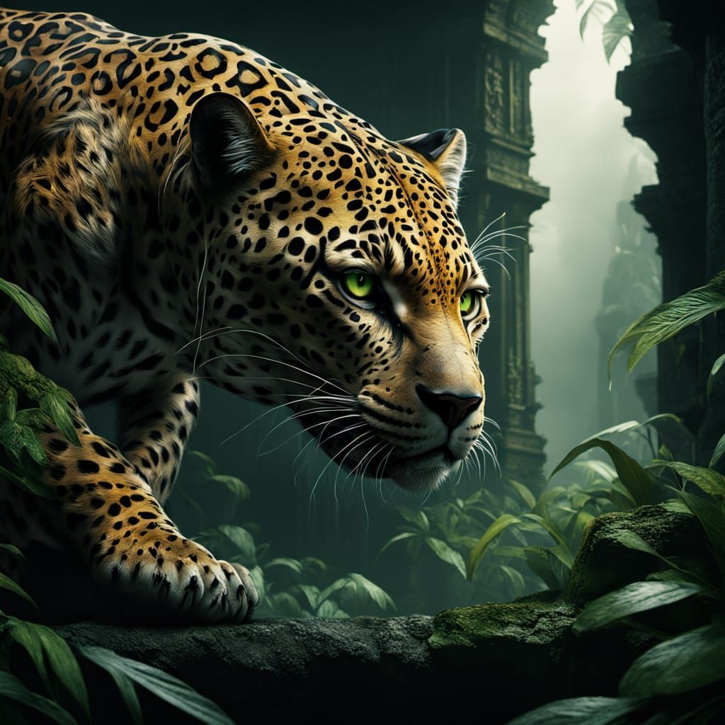 Majestic Jaguar Prowls Through Misty Jungle Ruins