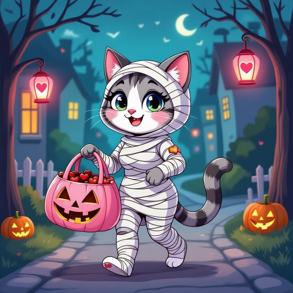 Cute Mummy Cat Lady with Pumpkin Bag
