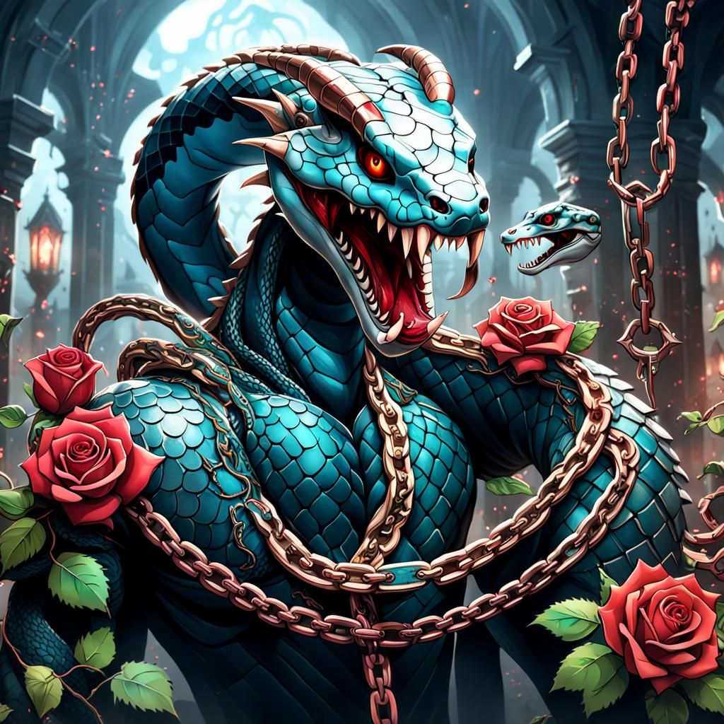 Detailed Tattoo Design with Snake, Rose and Fangs