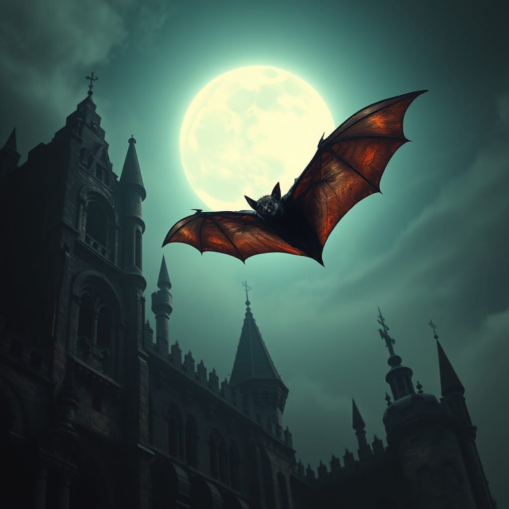 Moonlit Vampire Bat Descends Upon a Gothic Castle