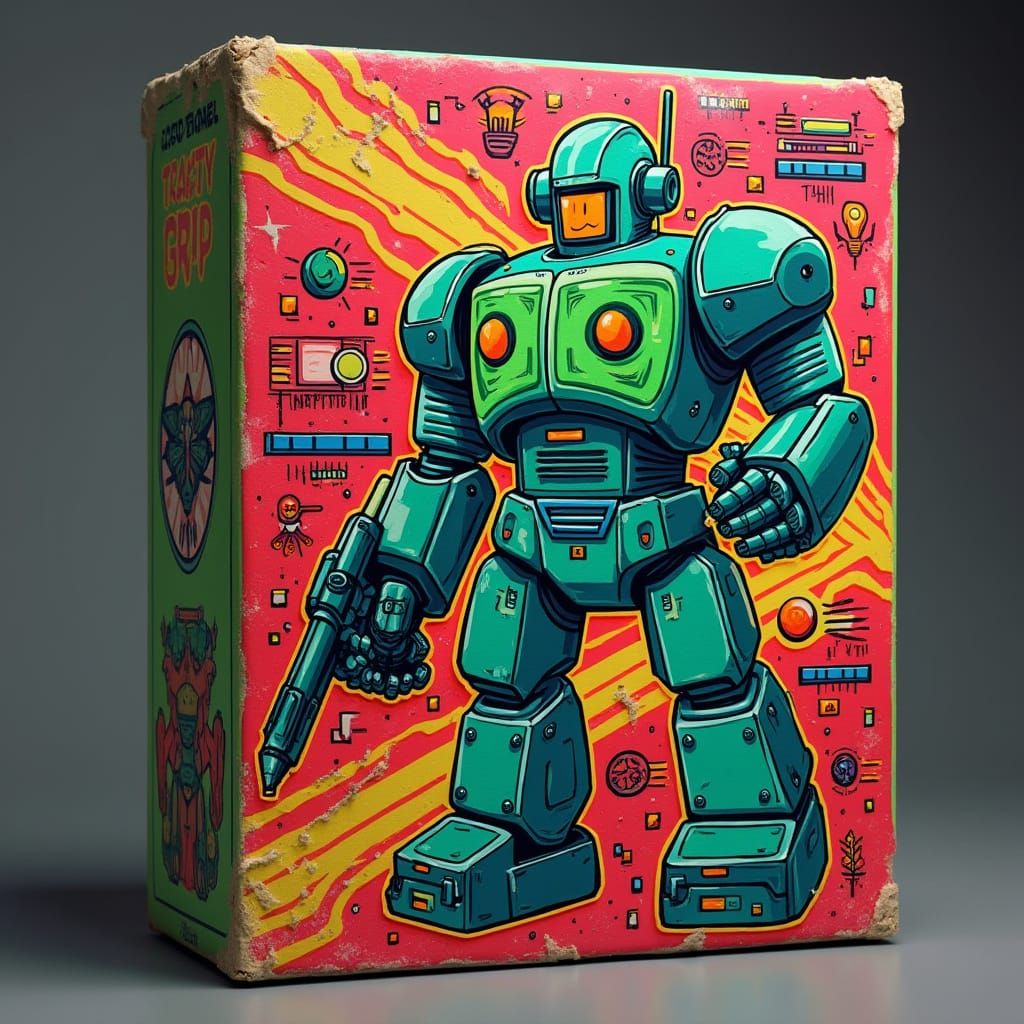 Cyberpunk Robot on Vintage Packaging