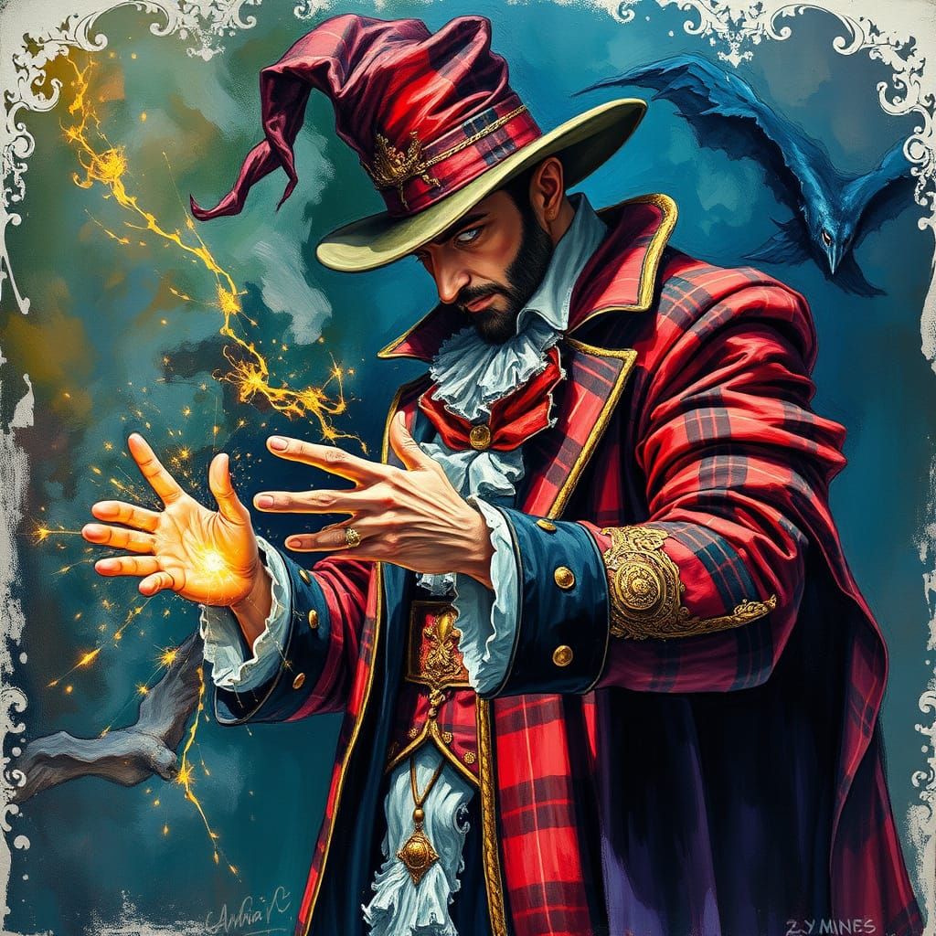 Plaid Magician Casting Spell in Impasto Style