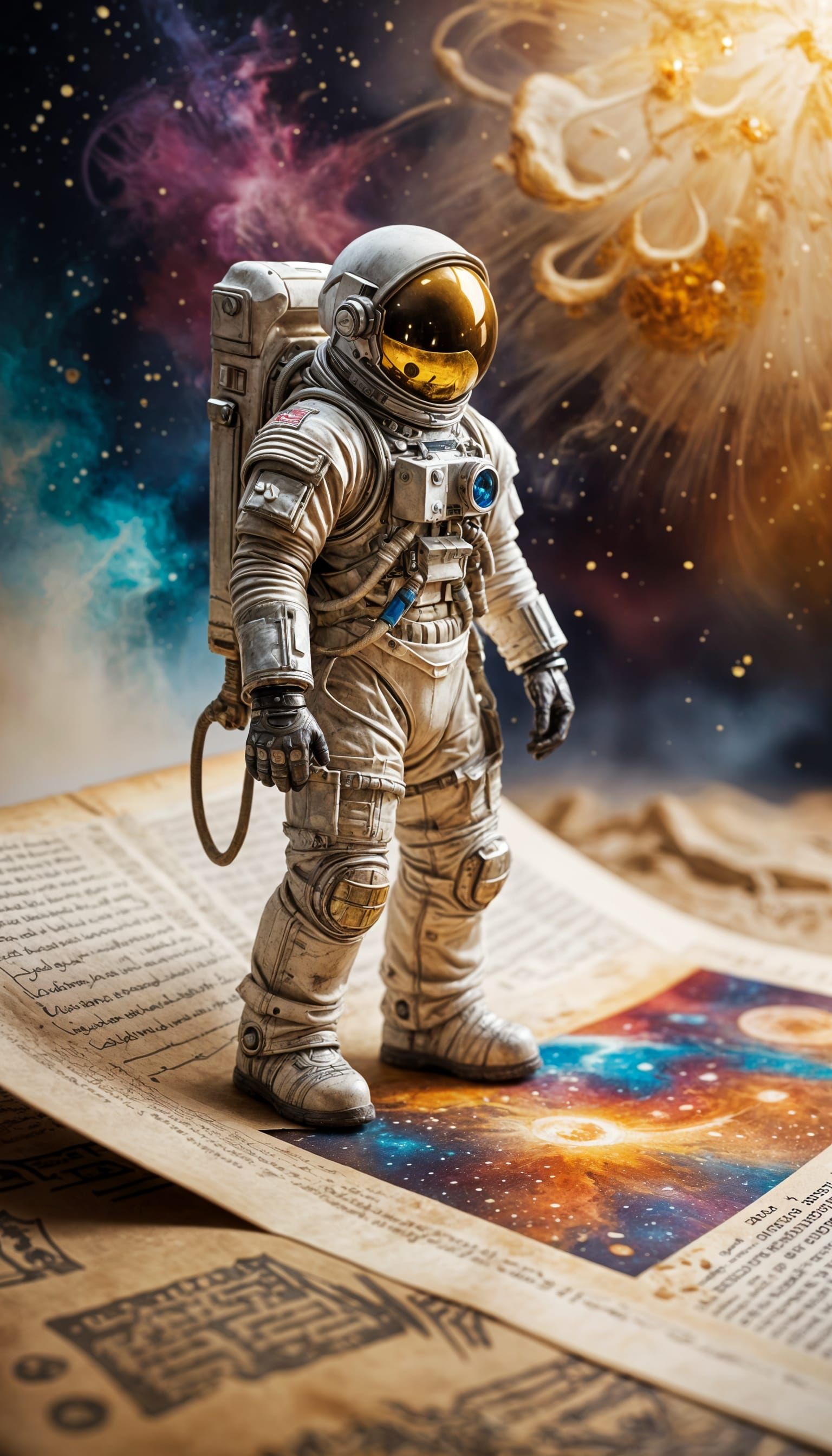 Astronaut on Cosmic Parchment Scroll in 3D