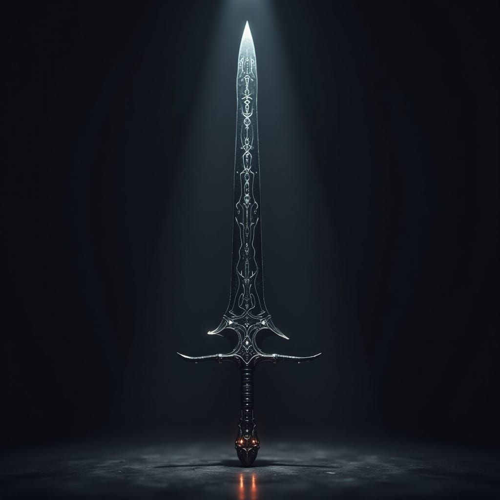 Ethereal Ebony Sword with Glowing Runes and Mystical Aura